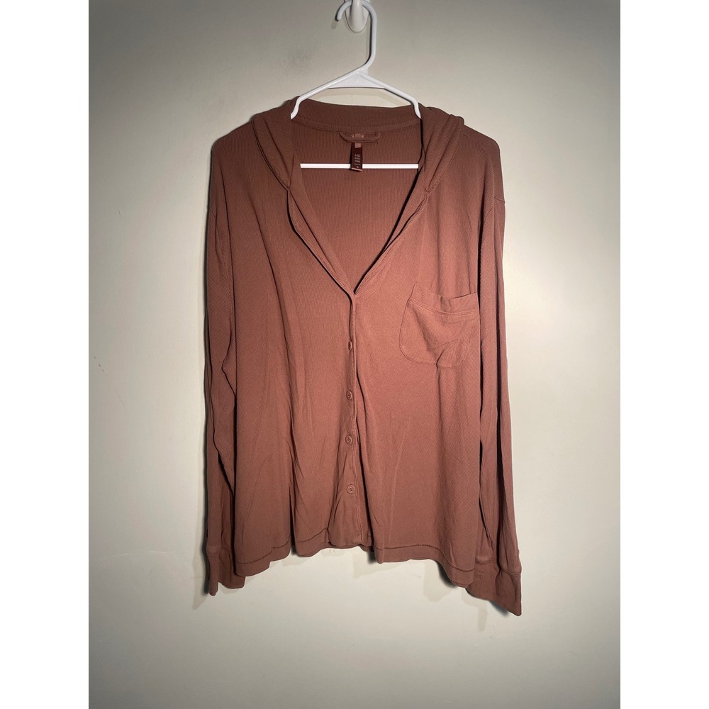 SKIMS Soft Lounge Ribbed Long Sleeve Button Down Pajama‎ Top in Copper Size XL